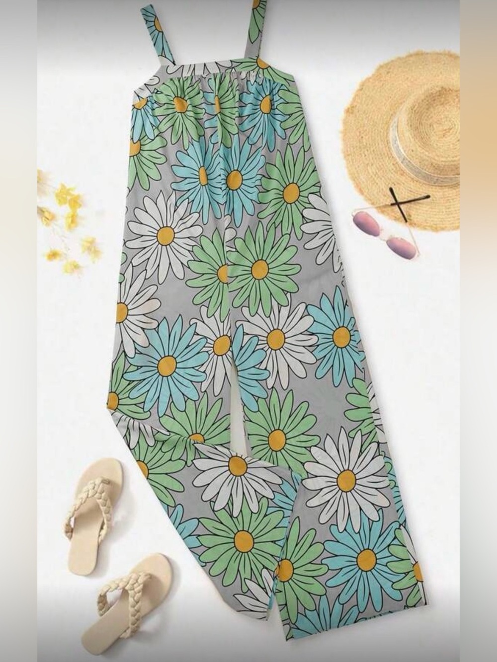 Retro Daisy Print Wide Leg Jumpsuit